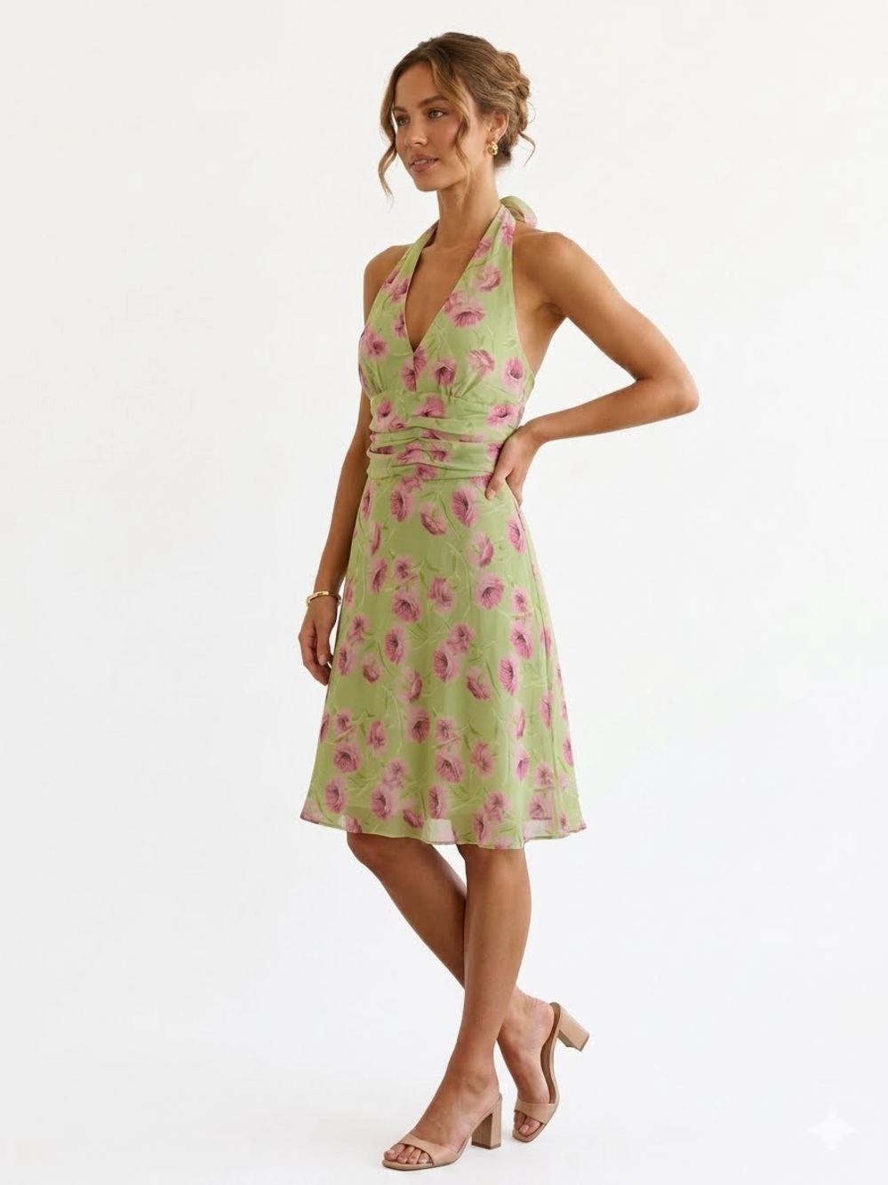 Vintage 90s Signature by Robbie Bee 100% Silk Halter Dress Floral Fairycore 10P
